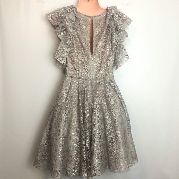 BCBG MAXAZRIA DRESS CYNTHIA SILVER RUFFLE SLEEVES LACE size 0 - Picture 9 of 16
